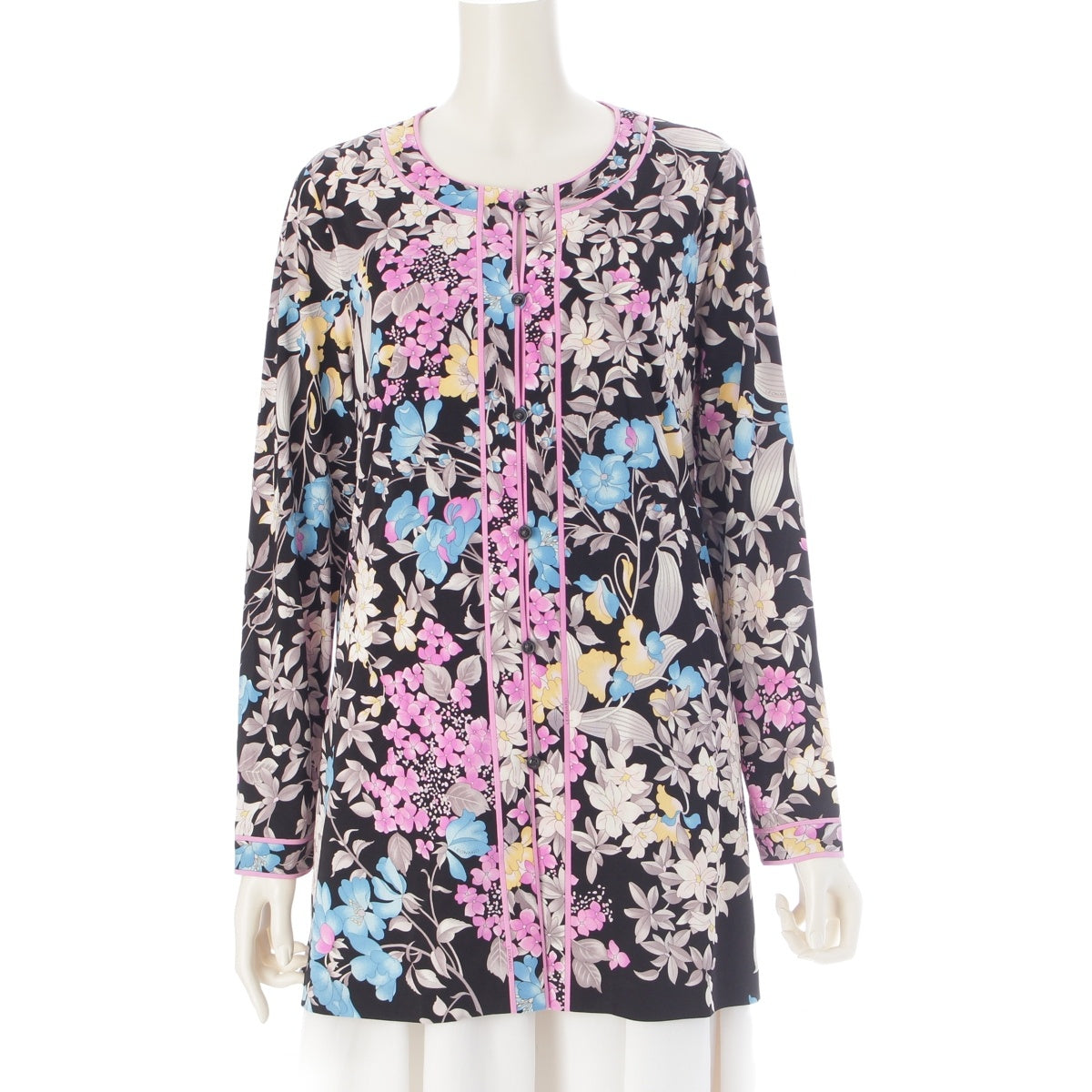 LEONARD Cancan material Floral print long sleeves cardigan tops 0169220 Black x pink 42