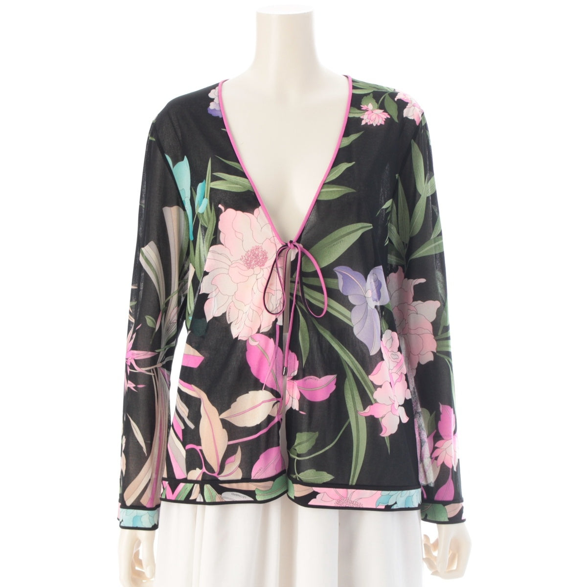 LEONARD fashion Can-can material, sheer, floral print, long sleeves cardigan 0169515 Black pink LL