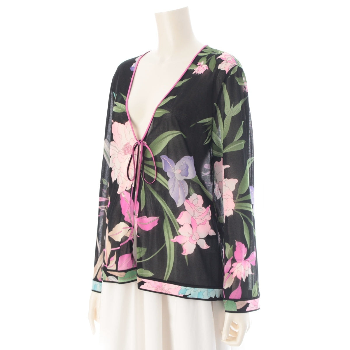 LEONARD fashion Can-can material, sheer, floral print, long sleeves cardigan 0169515 Black pink LL
