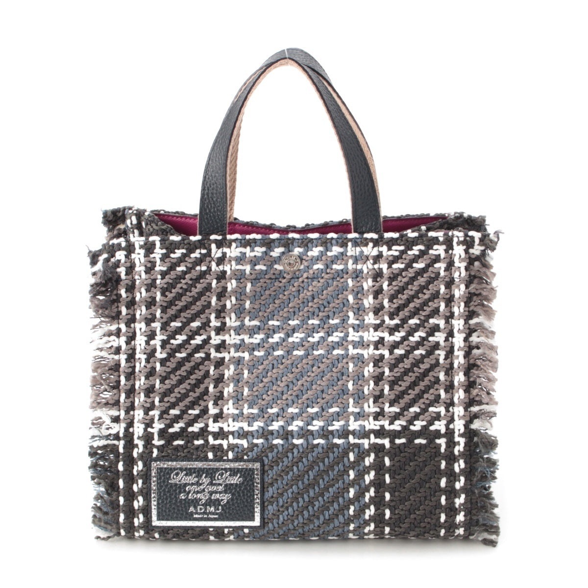 ADMJアクセソワ Tweed Twill Fringe Check Tote Handbag Navy gray