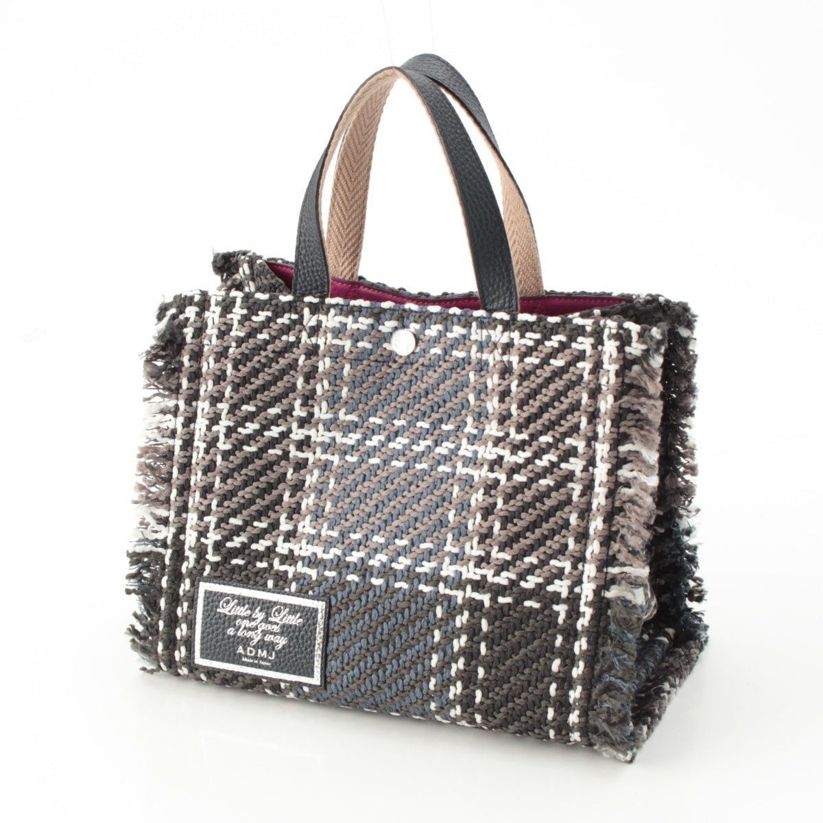 ADMJアクセソワ Tweed Twill Fringe Check Tote Handbag Navy gray