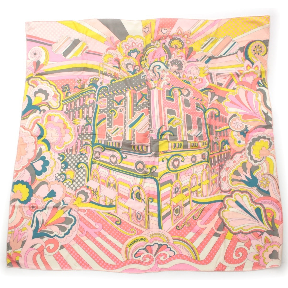 HERMES Caregean cashmere silk Faubourg Rainbow Scarf Stall pink 140