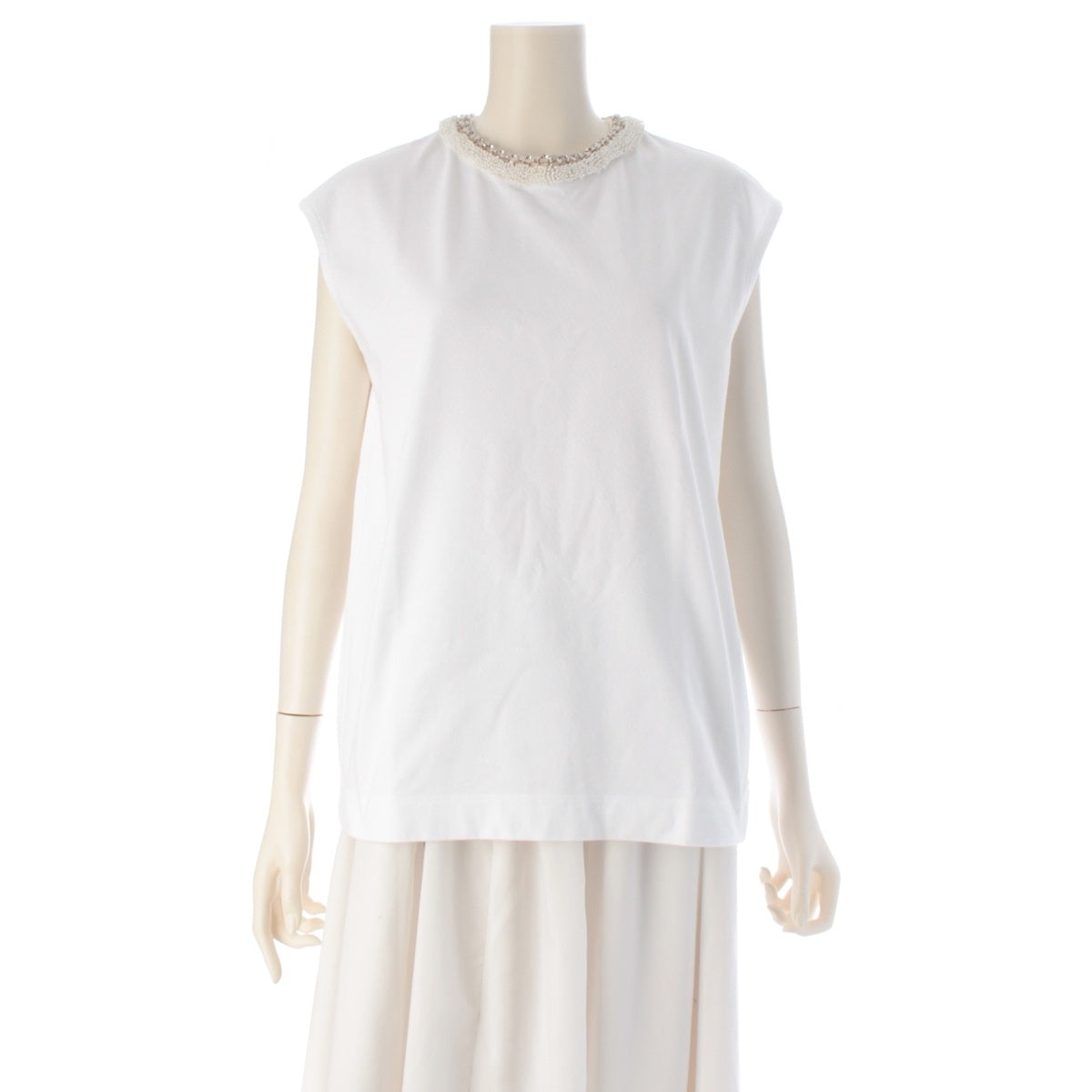 Drawer cotton Sleeveless crew neck beaded bijou tops 6517-299-0661 white