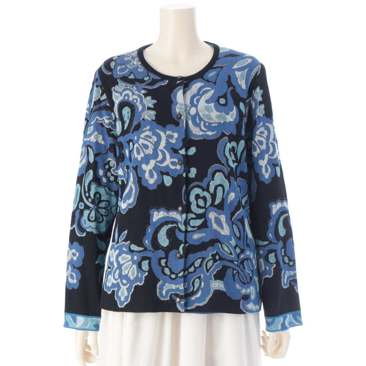 LEONARD fashion All-over floral print rhinestone knit top cardigan ensemble Black blue 44