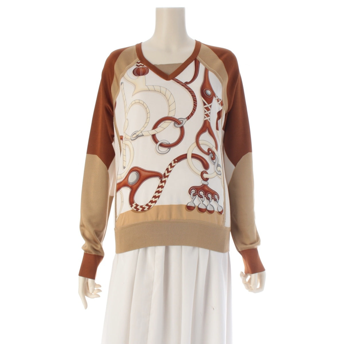 HERMES twill laine silk Panoplie Tout Cuir V-neck long-sleeve top with contrasting panels Cut tops Brown beige 38