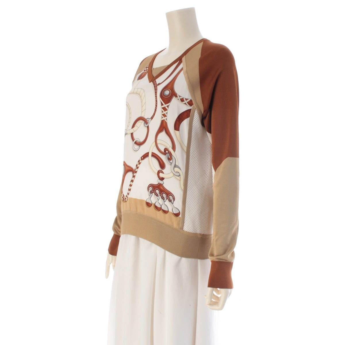 HERMES twill laine silk Panoplie Tout Cuir V-neck long-sleeve top with contrasting panels Cut tops Brown beige 38
