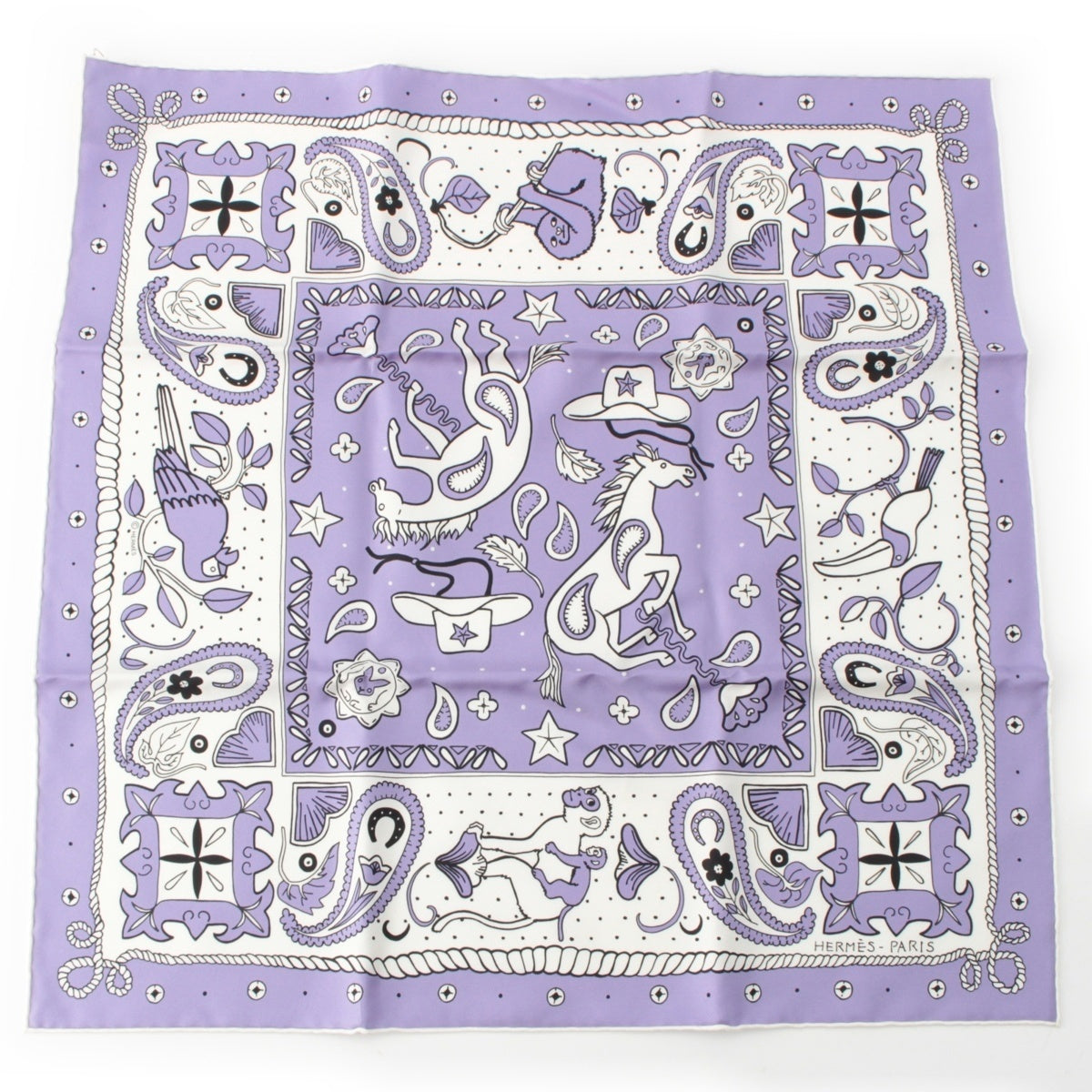 HERMES Carre 55 silk ANIMAUX BANDANA scarf Purple white