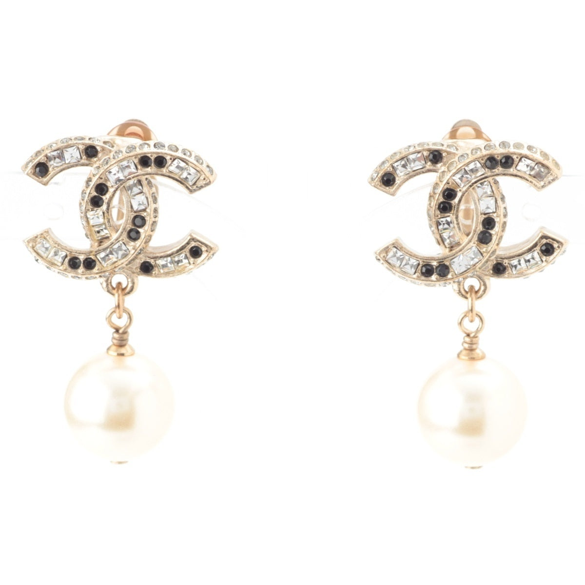 CHANEL Gold Plated COCO Mark Pearl Rhinestone Earring Gold x Black