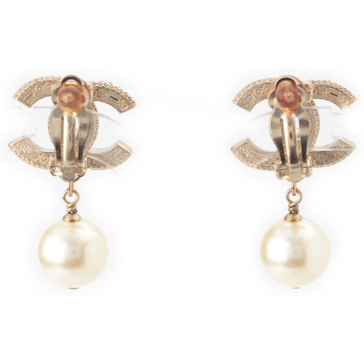 CHANEL Gold Plated COCO Mark Pearl Rhinestone Earring Gold x Black