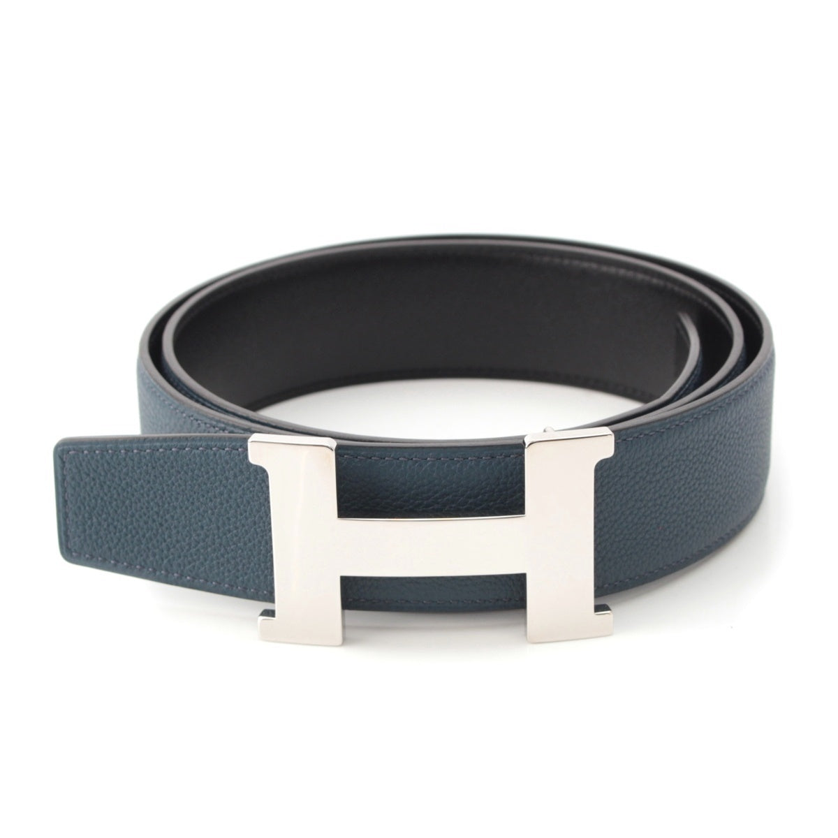 HERMES Box calf Togo Constance Reversible H-Buckle 38 Silver Metal belt H074562CK05 Black Blue Nuit 90