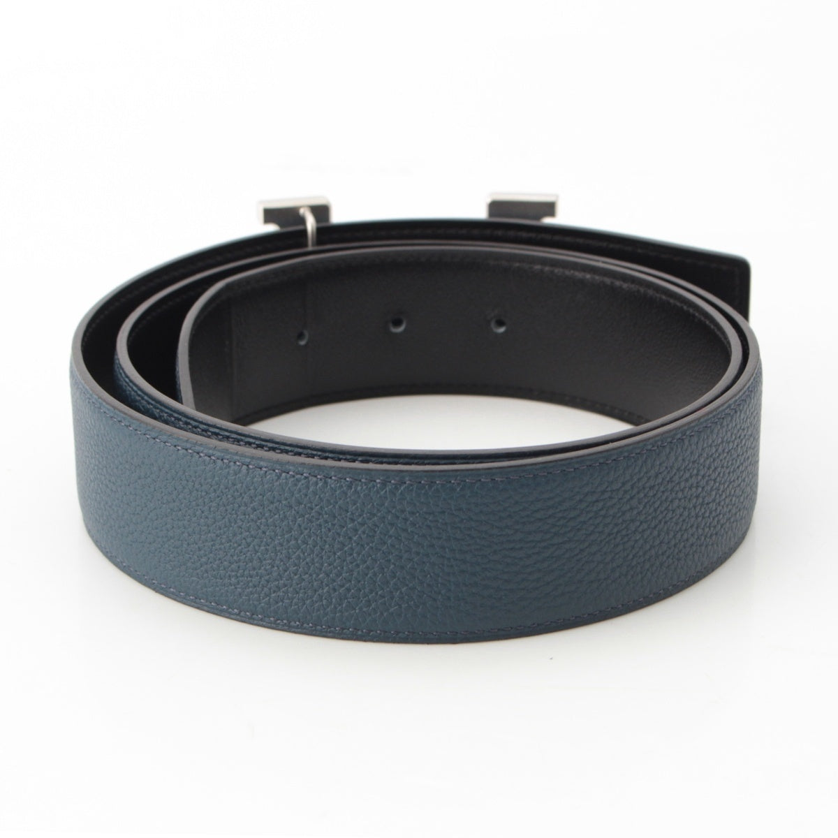 HERMES Box calf Togo Constance Reversible H-Buckle 38 Silver Metal belt H074562CK05 Black Blue Nuit 90