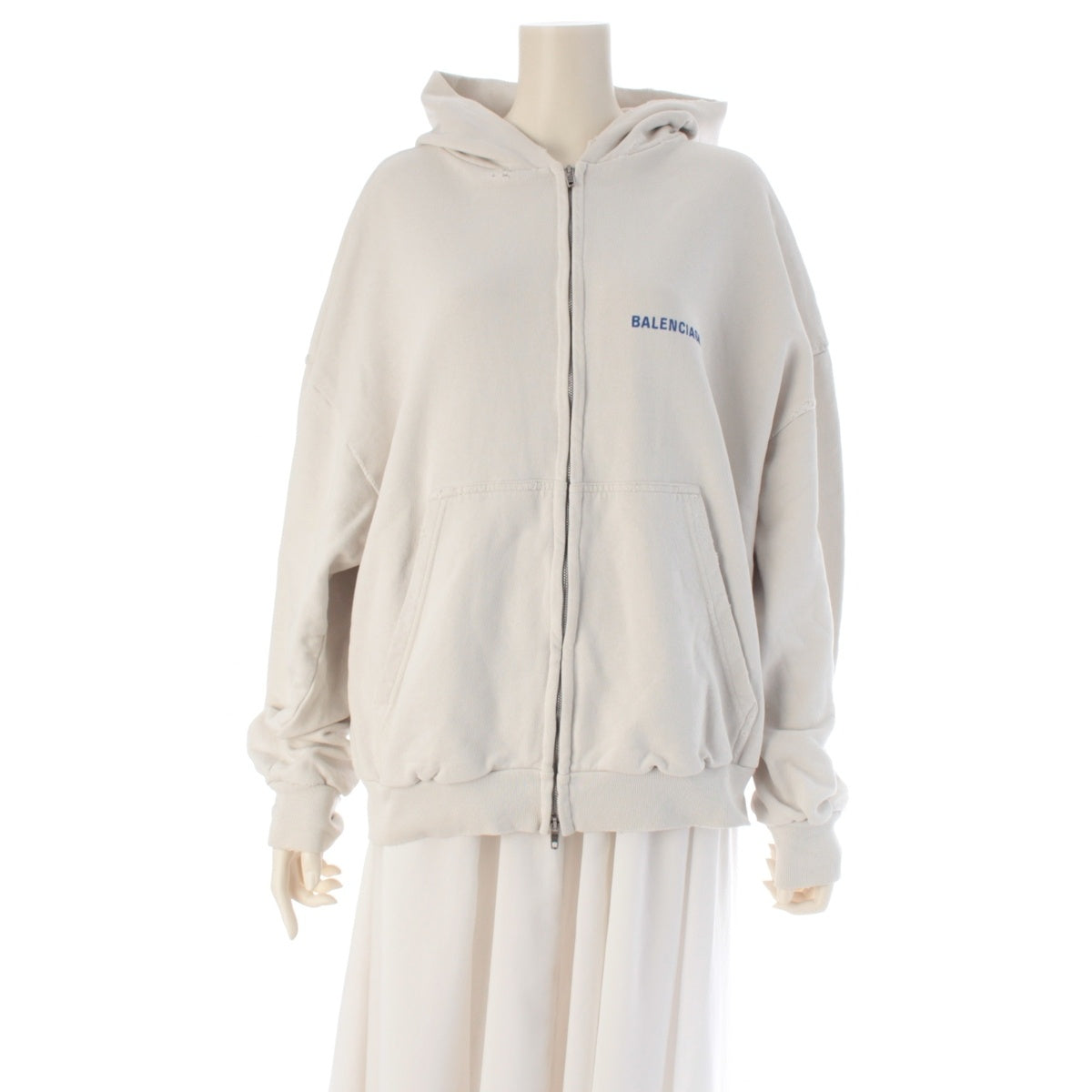 BALENCIAGA cotton Logo Zip-Up Hoodie Dirty Effect Parker 803264 White blue M