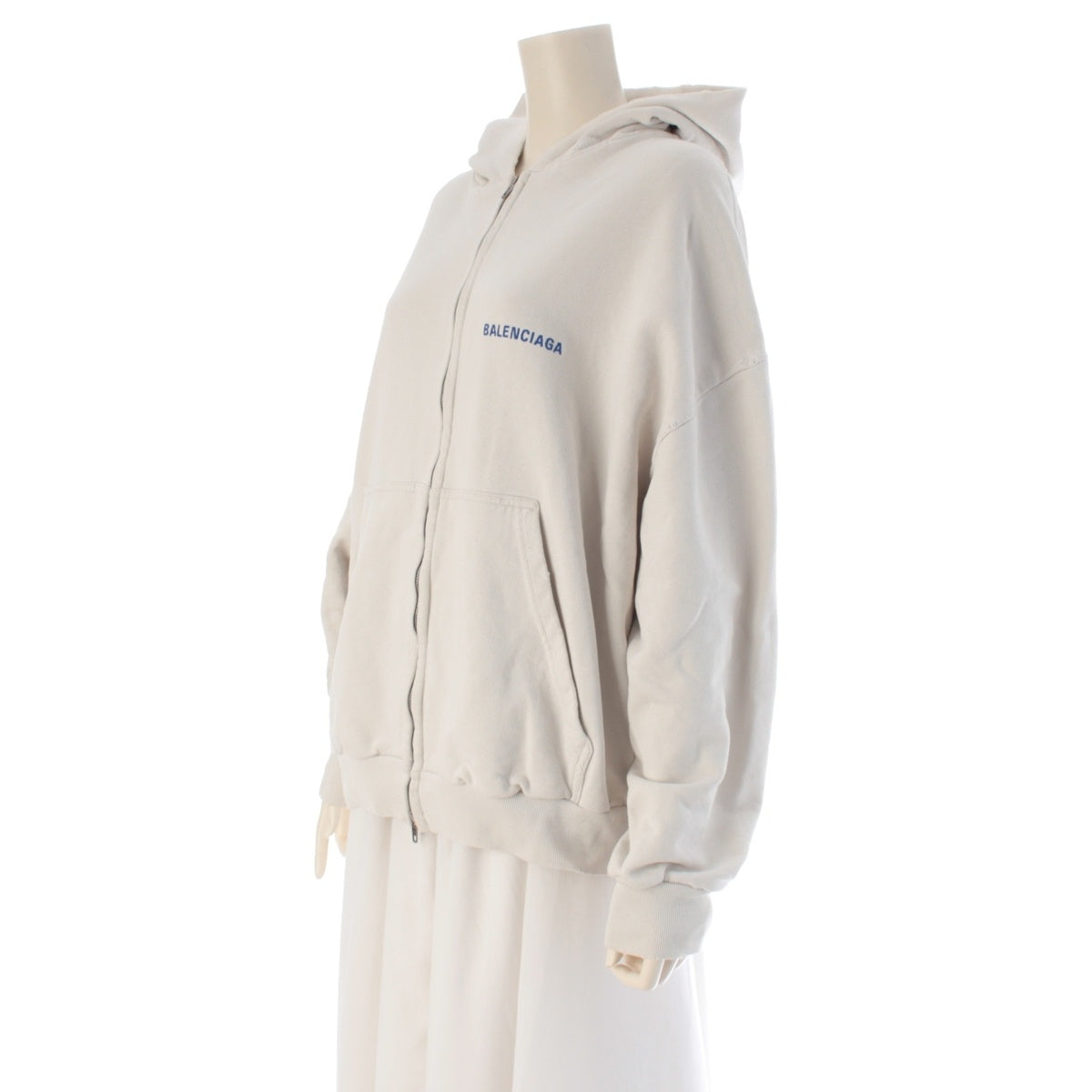 BALENCIAGA cotton Logo Zip-Up Hoodie Dirty Effect Parker 803264 White blue M
