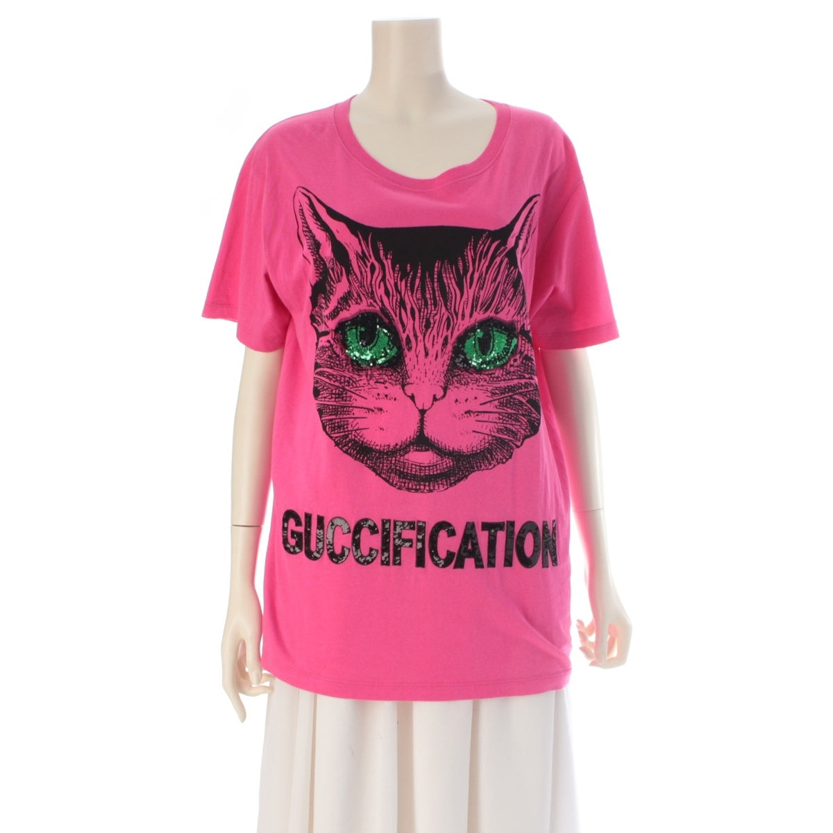 GUCCI Mystic Cat Sequins Short sleeve T-shirt Cut Top 492347-X3L42 pink XS