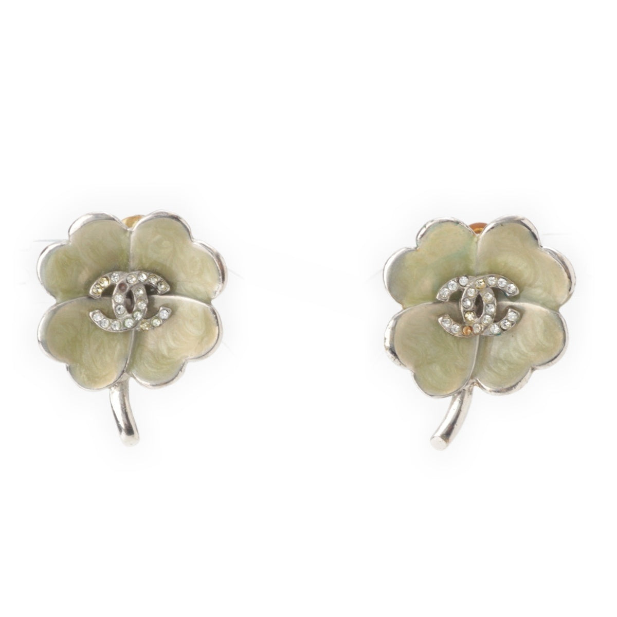CHANEL Clover COCO Mark Rhinestone Earring Binaural Accessories Silver Green