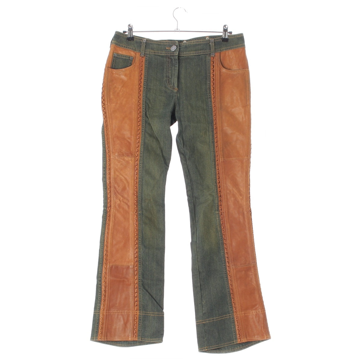 Christian Dior Galliano era leather panel design Denim pants Bottoms Indigo brown 40