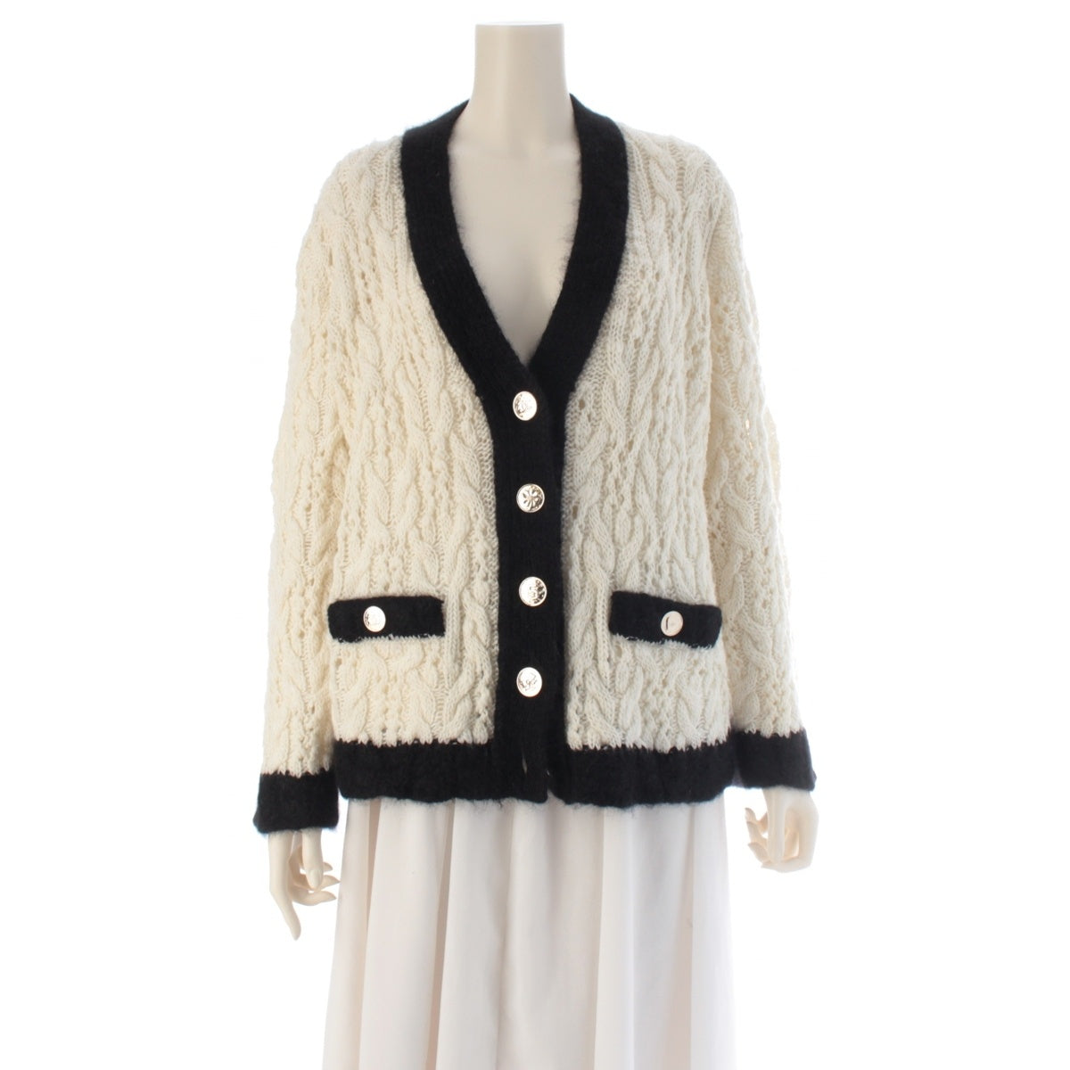 CHANEL wool Icon button knit cardigan tops P80186 White black 36