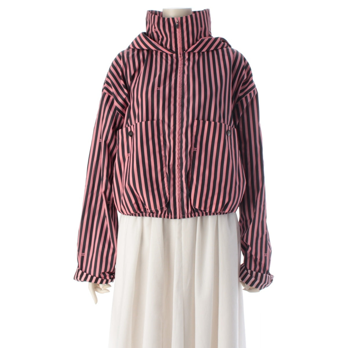 CHANEL Striped COCO Mark Cropped Zip-Up Nylon jacket Blouson P76226 Pink black 38