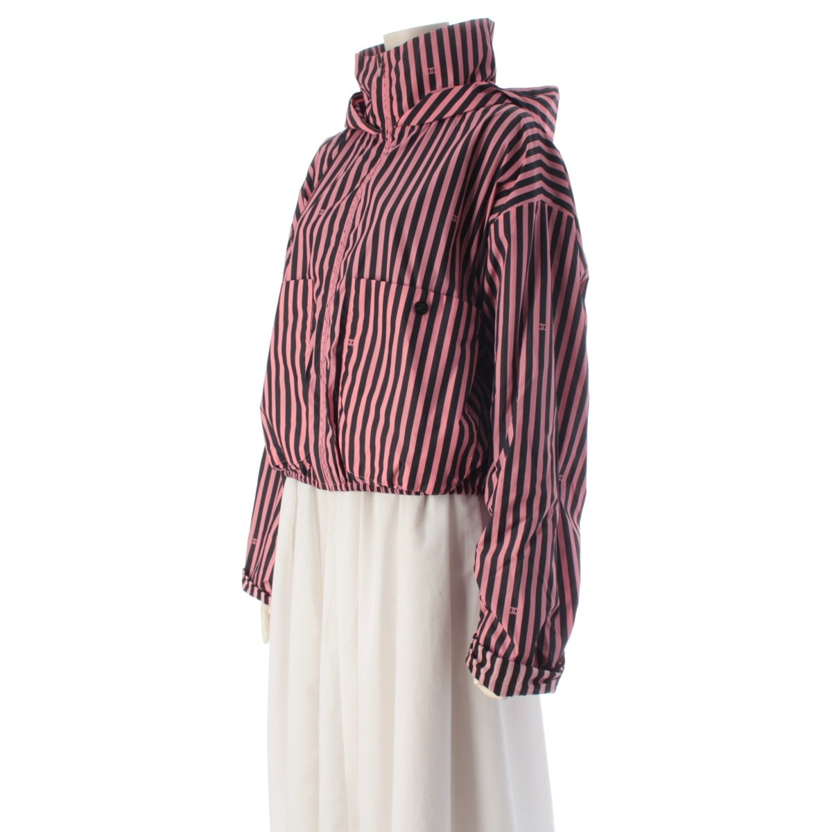 CHANEL Striped COCO Mark Cropped Zip-Up Nylon jacket Blouson P76226 Pink black 38