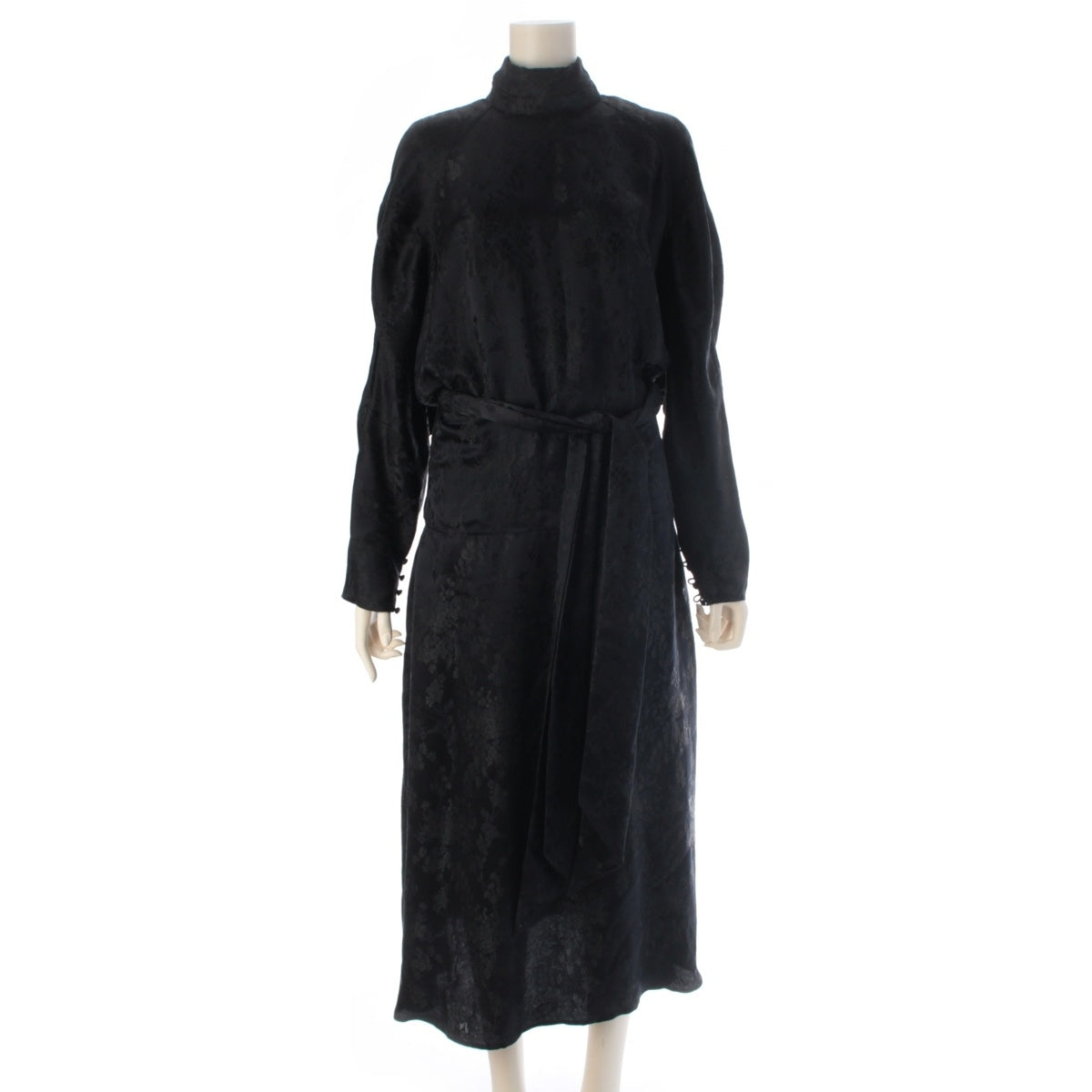 SAINT LAURENT silk Floral pattern with belt one piece dress black 36
