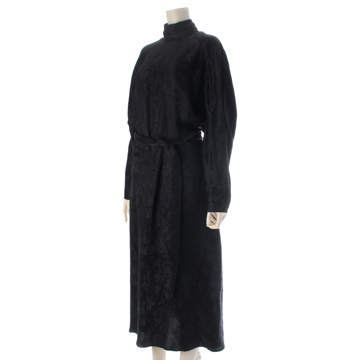 SAINT LAURENT silk Floral pattern with belt one piece dress black 36