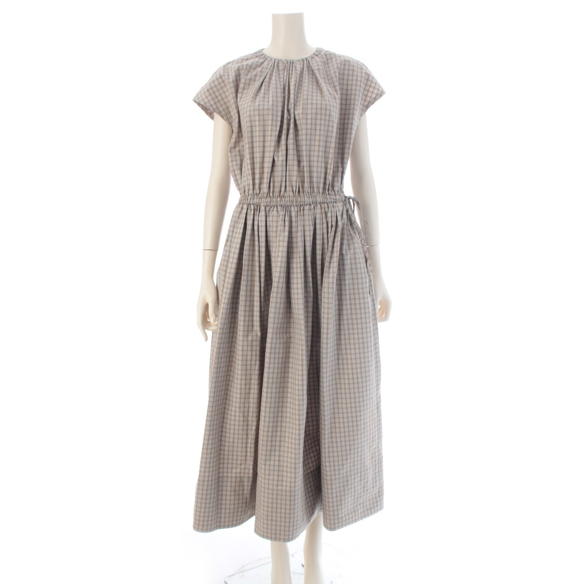 Drawer cotton French sleeve drawstring check Gathered one piece 6526-299-1366 Gray beige 36
