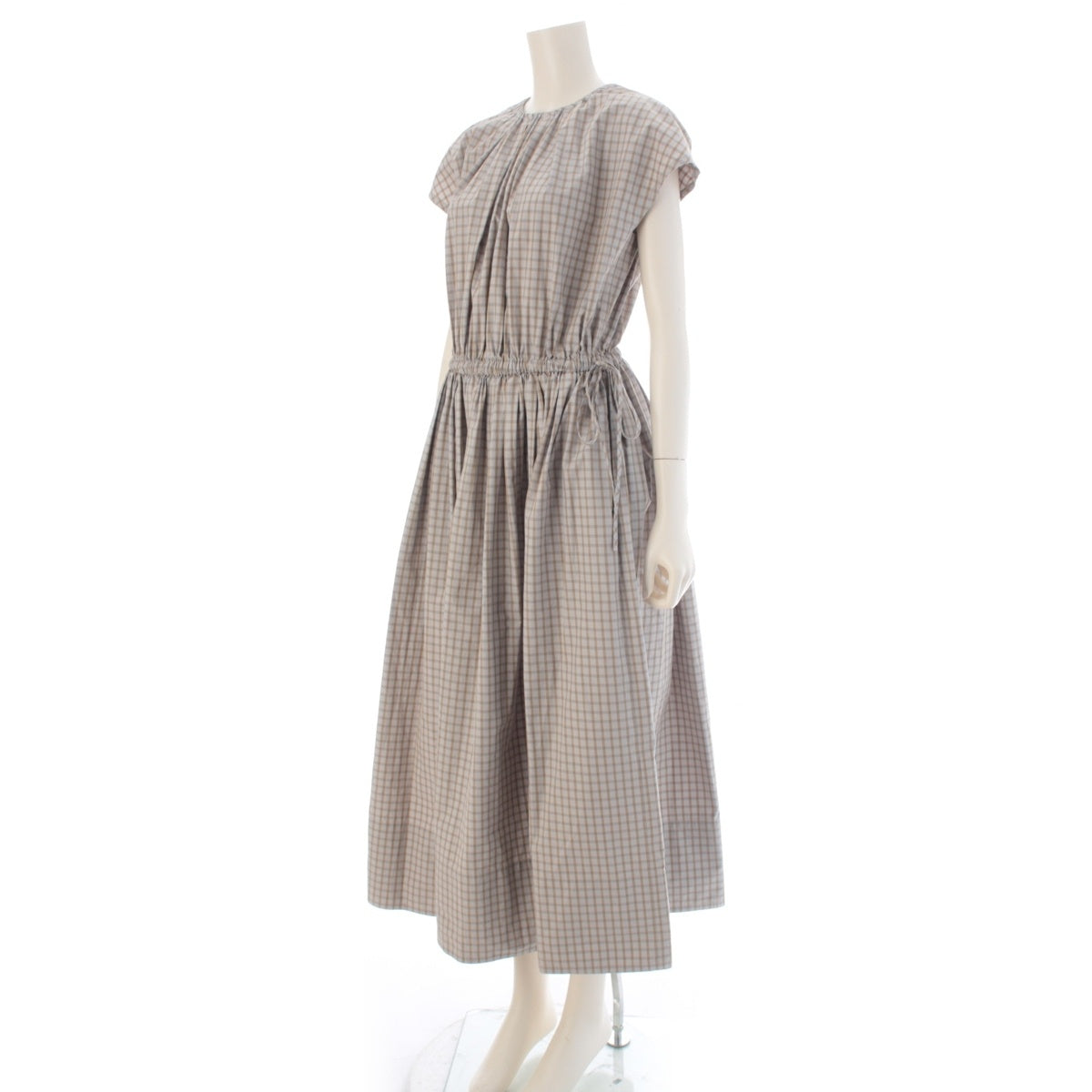 Drawer cotton French sleeve drawstring check Gathered one piece 6526-299-1366 Gray beige 36