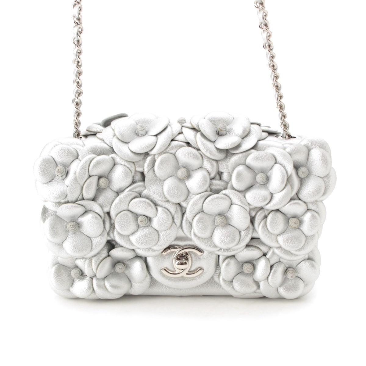 CHANEL Matelassé 20 Camellia lambskin Chain Shoulder Bag COCO Mark Silver