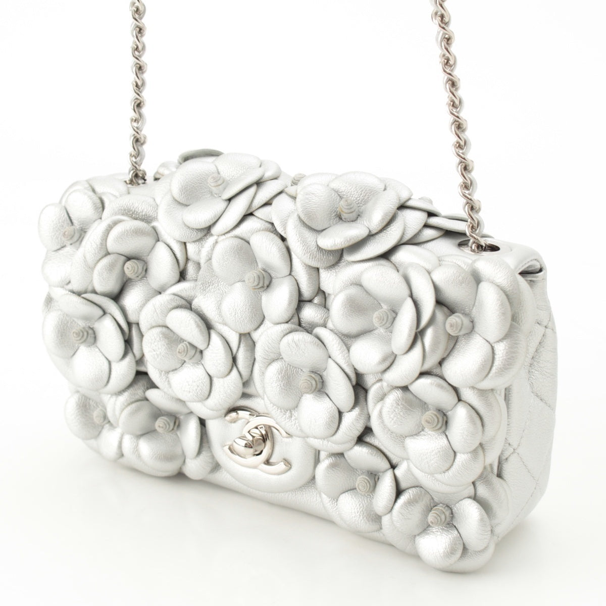 CHANEL Matelassé 20 Camellia lambskin Chain Shoulder Bag COCO Mark Silver