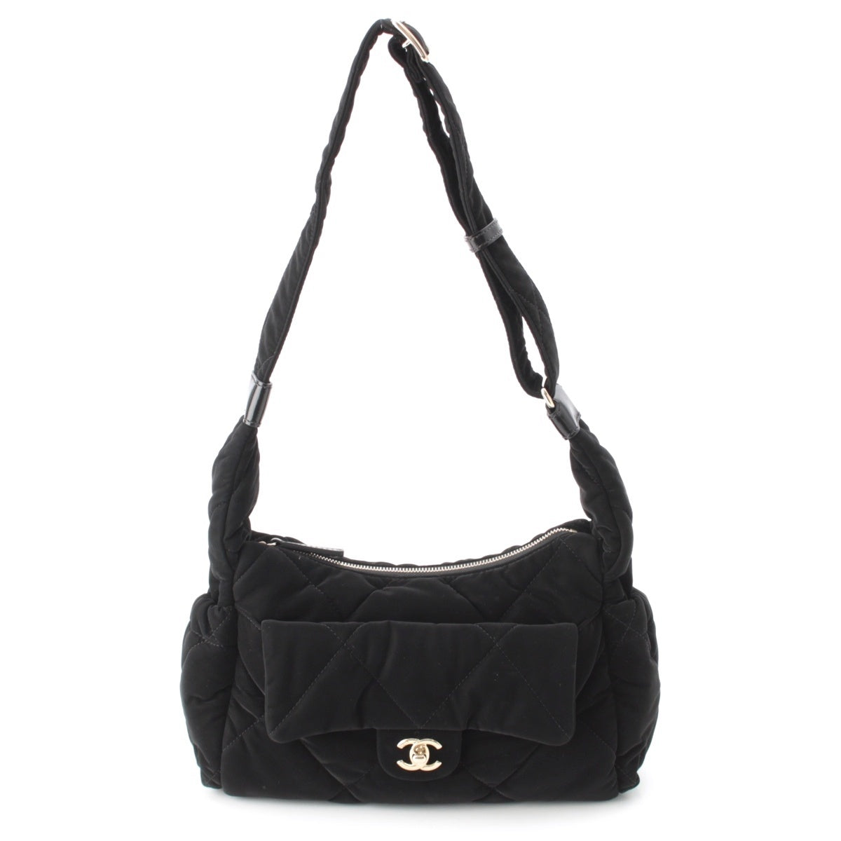 CHANEL Velvet Effect Nylon Bowling Hobo One Shoulder Bag AS5054 black Large