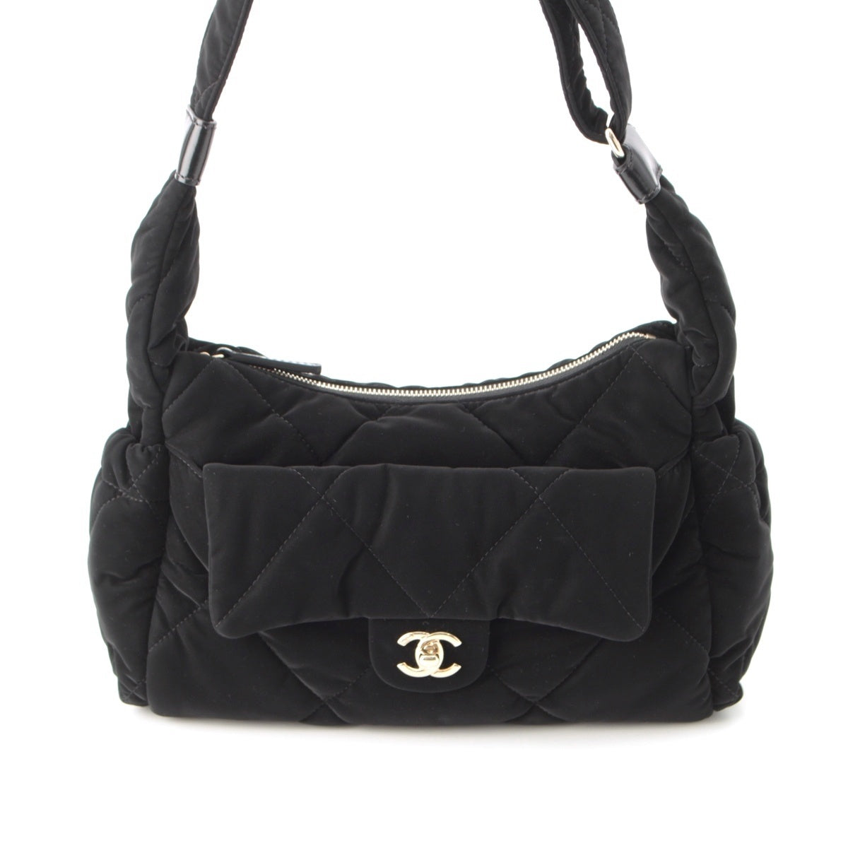CHANEL Velvet Effect Nylon Bowling Hobo One Shoulder Bag AS5054 black Large