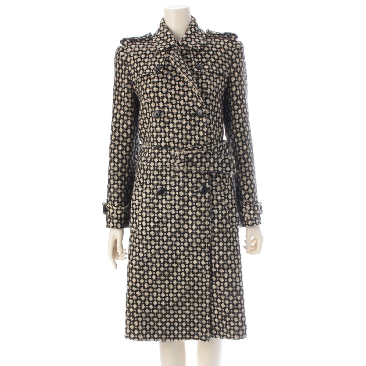 MIUMIU wool Vintage All-over Pattern trench coat Black x Ivory 40