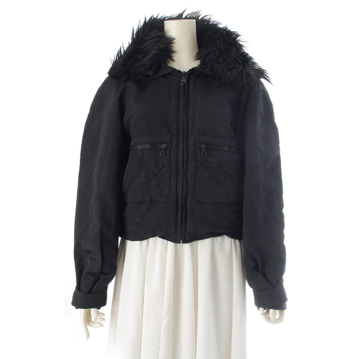 CHANEL silk Fur collar, quilted Blouson Jacket Logo black 44