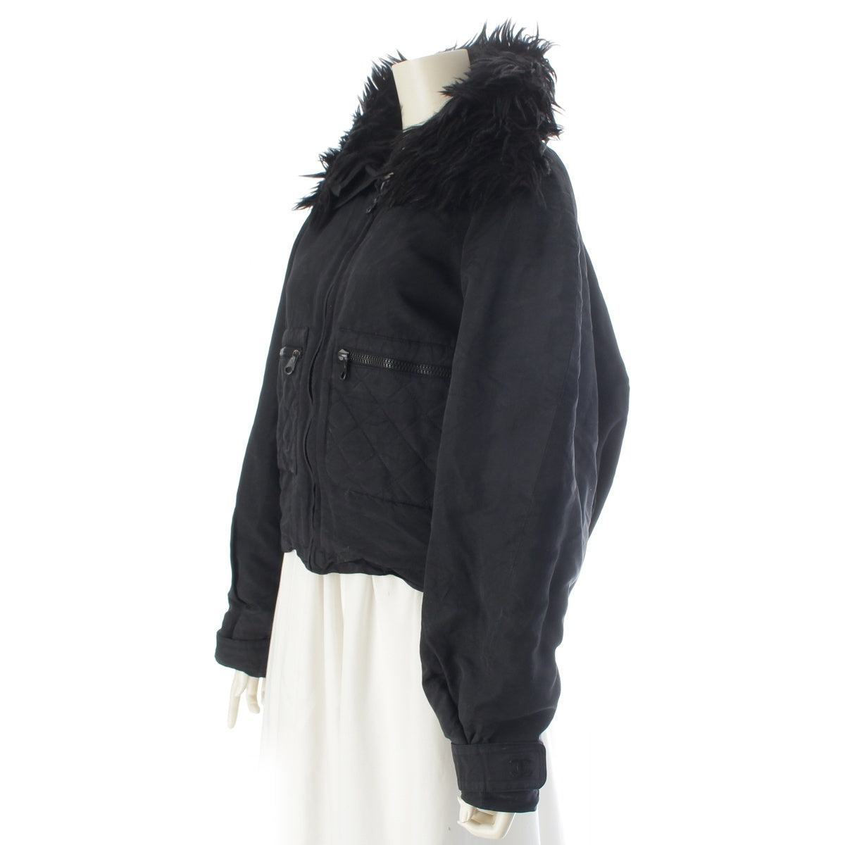 CHANEL silk Fur collar, quilted Blouson Jacket Logo black 44