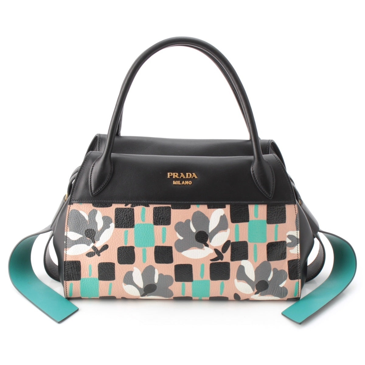 PRADA MADRAS Madras leather Logo Flower Bowling 2-way Shoulder Bag Handbag 1BB030 multicolor