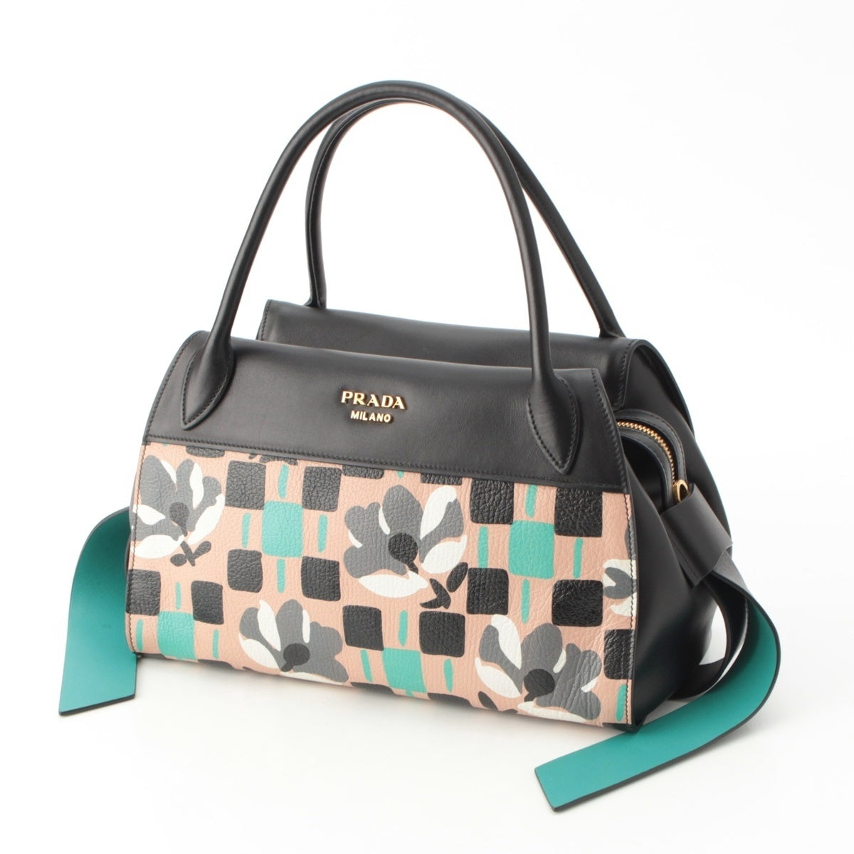 PRADA MADRAS Madras leather Logo Flower Bowling 2-way Shoulder Bag Handbag 1BB030 multicolor
