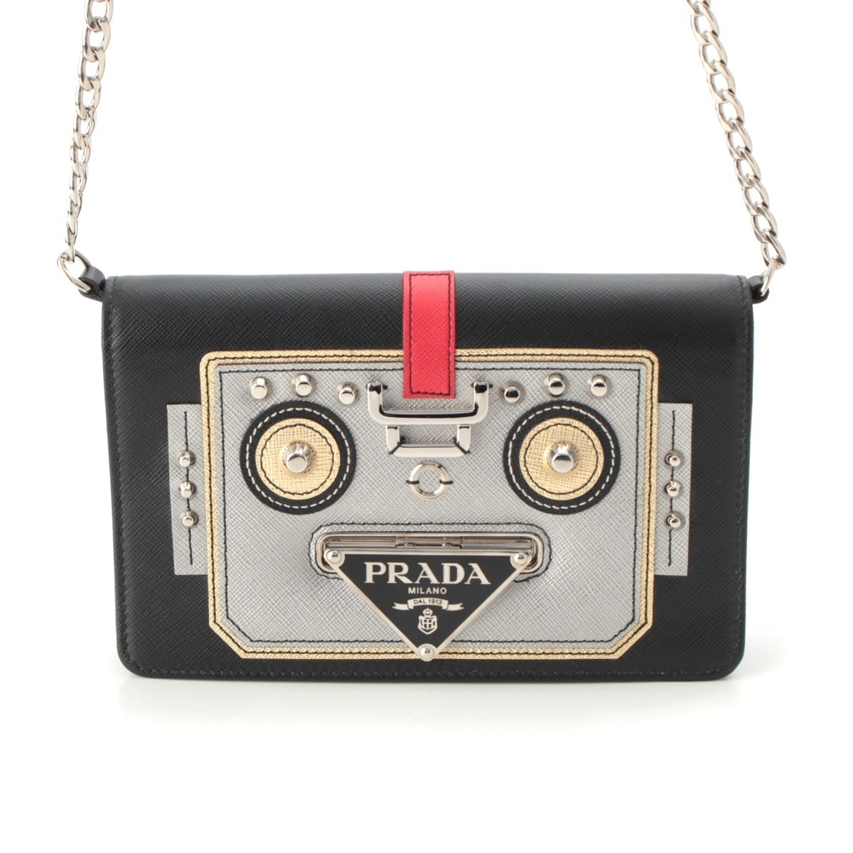 PRADA Robot leather Triangle Logo Chain Shoulder Bag black