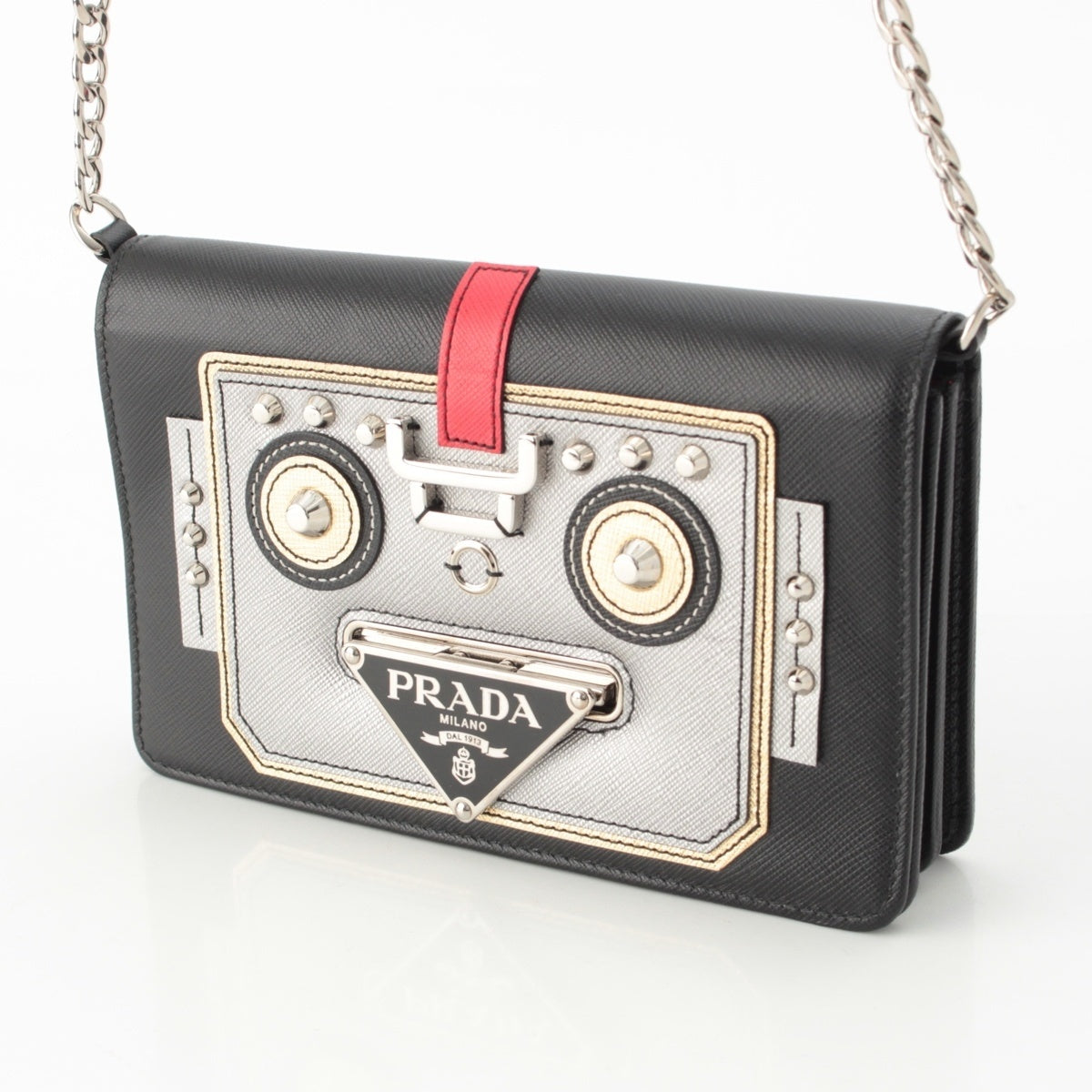 PRADA Robot leather Triangle Logo Chain Shoulder Bag black