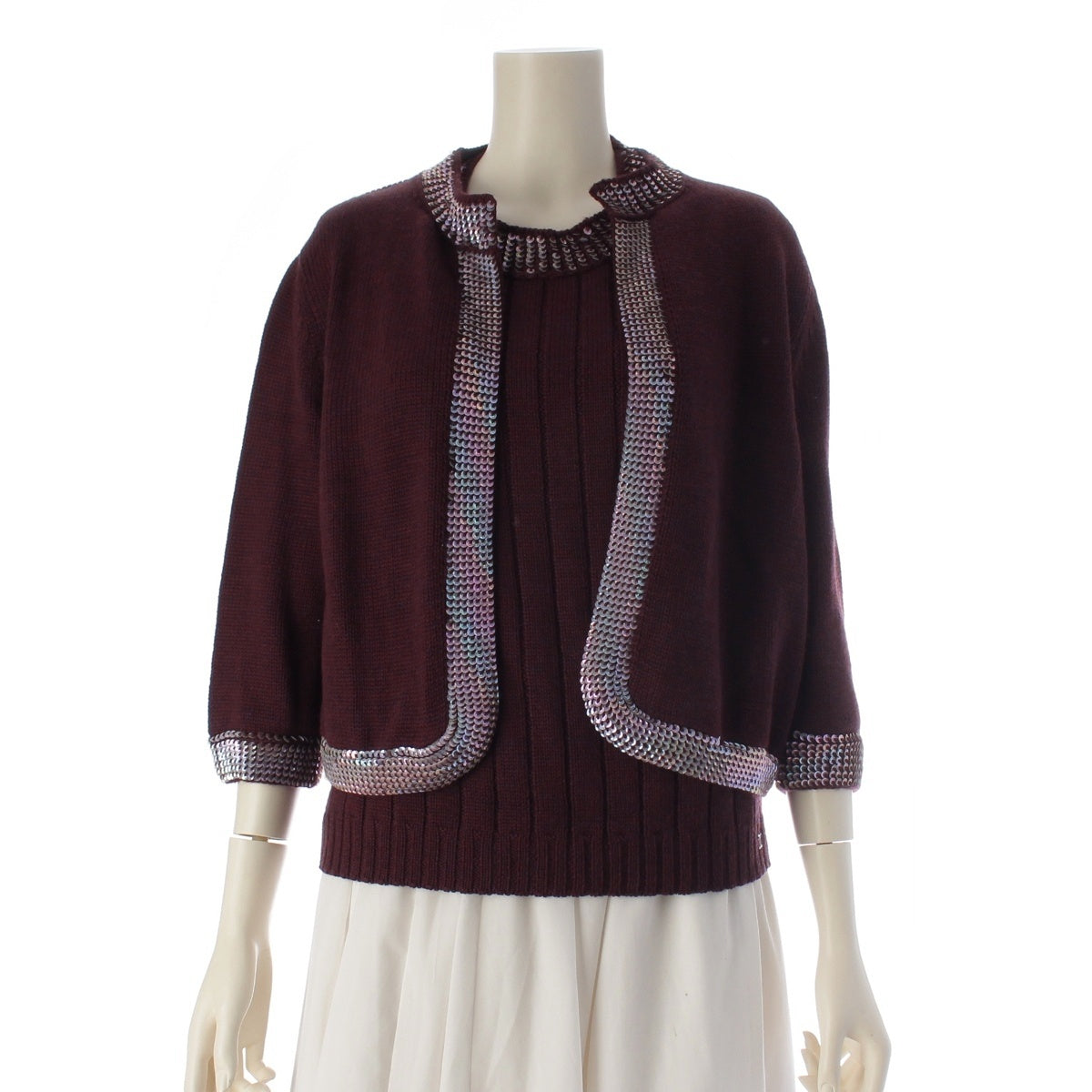 CHANEL wool Sequin knit ensemble Cardigan and sleeveless top set P14362 purple 46