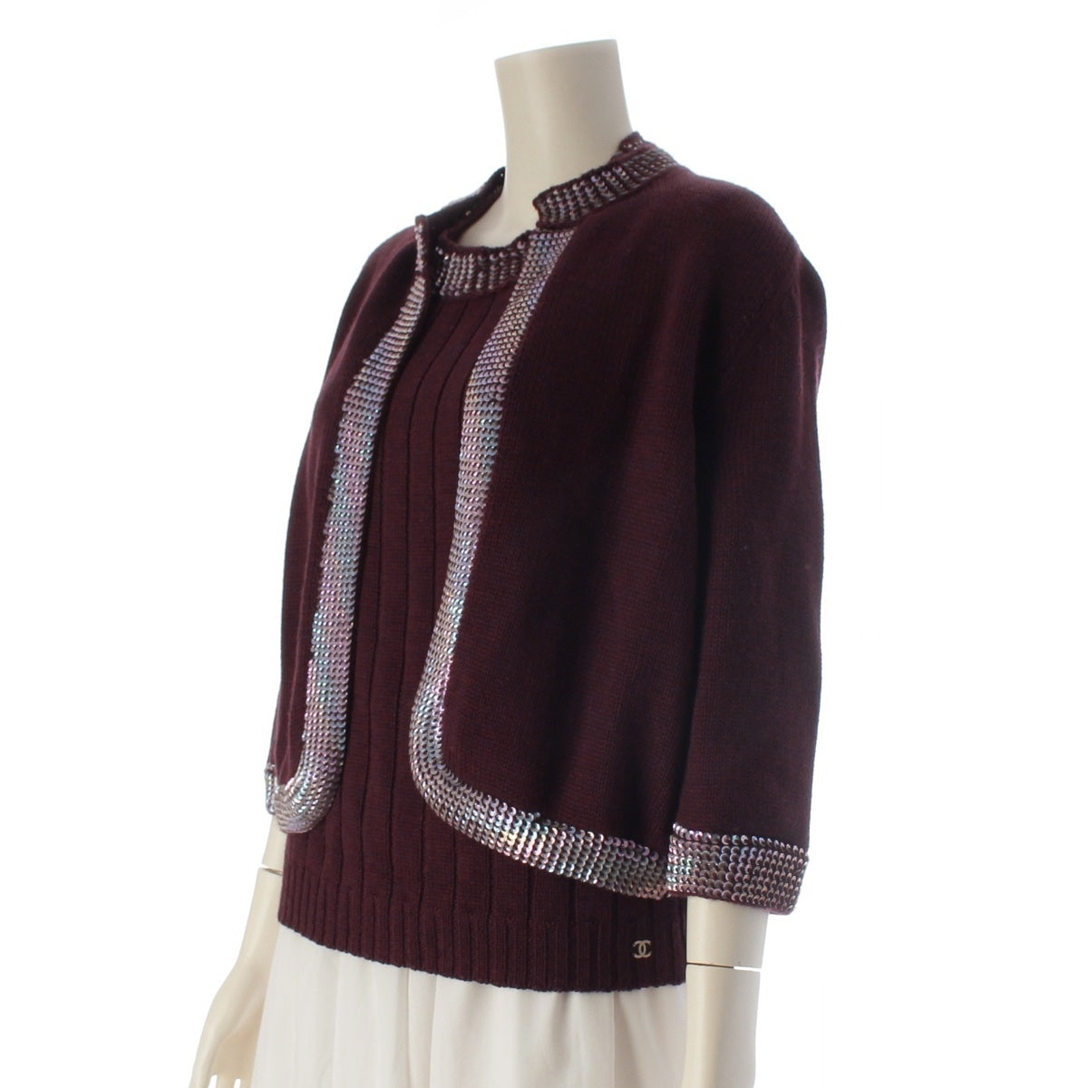 CHANEL wool Sequin knit ensemble Cardigan and sleeveless top set P14362 purple 46