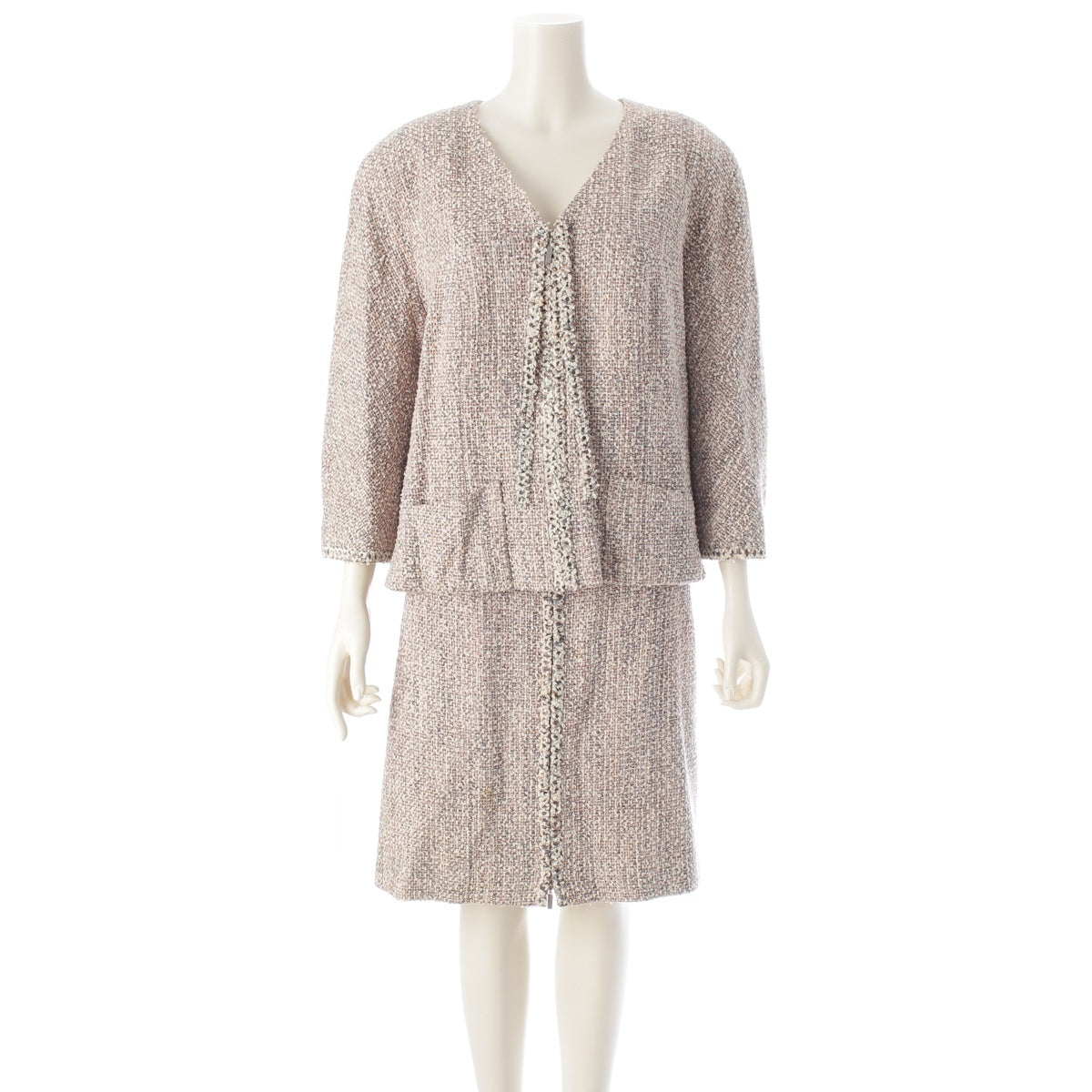 CHANEL Cotton wool Tweed Zipper Ribbon Jacket Skirt setup P20836 Pink multicolor 50