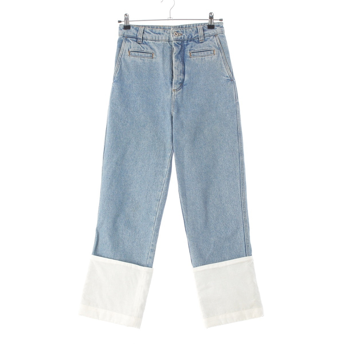 LOEWE Fisherman cotton Denim leather logo patch button fly Pants H2272440IB Ice blue 42