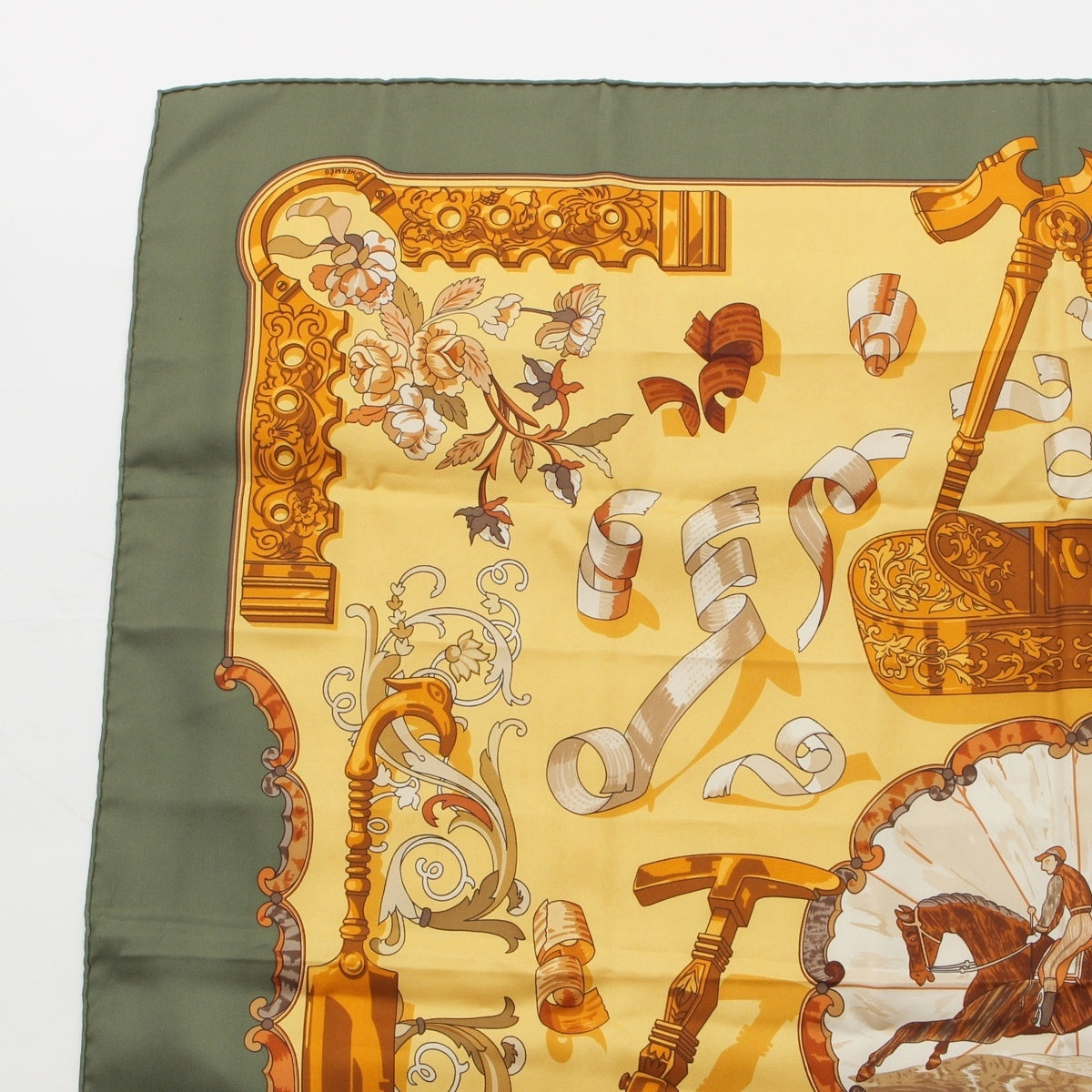 HERMES Carre 90 COPEAUX sawdust silk scarf Yellow khaki