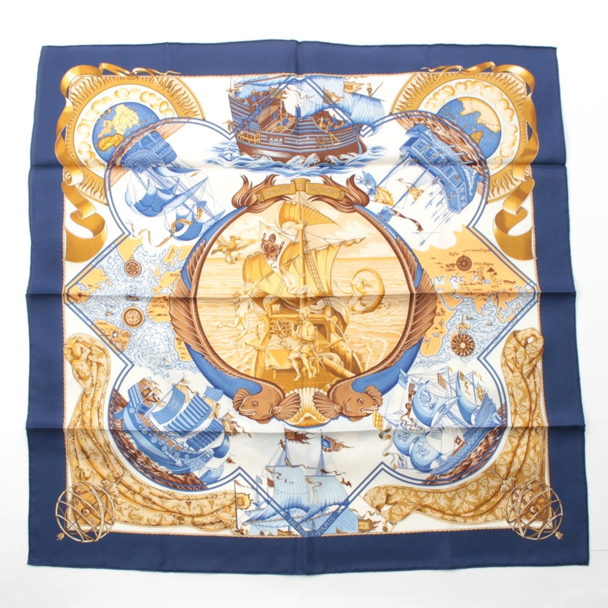 HERMES Carre 90 Au-dela des cinq mers Beyond the Five Seas silk scarf Blue x white