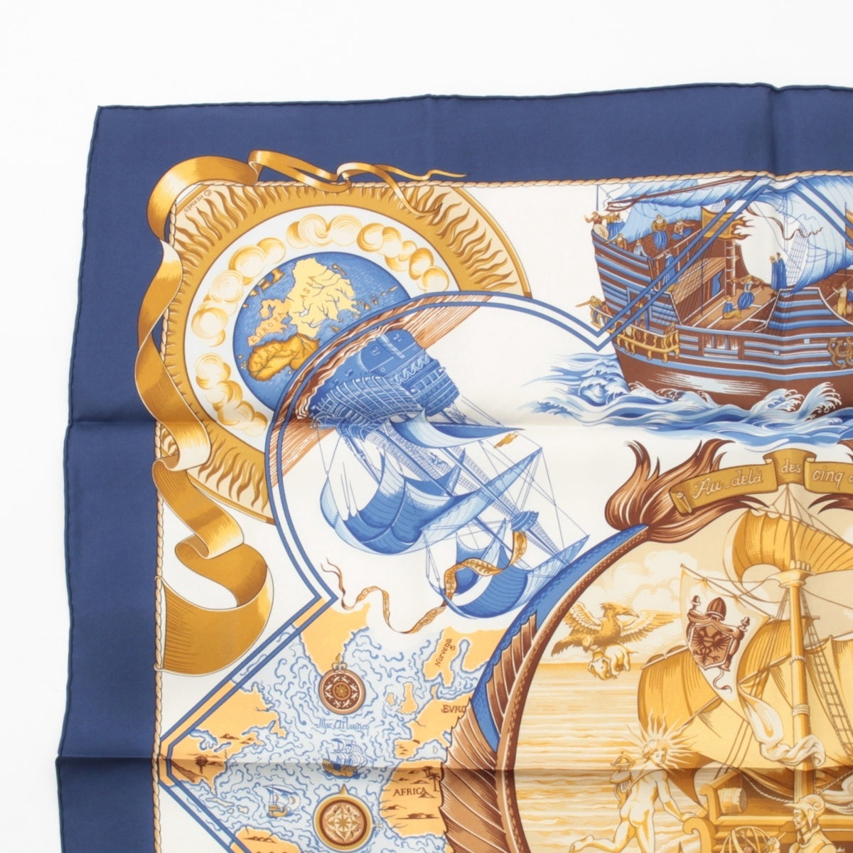 HERMES Carre 90 Au-dela des cinq mers Beyond the Five Seas silk scarf Blue x white