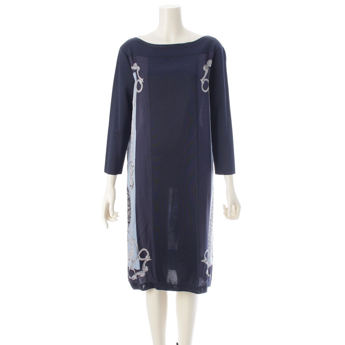 HERMES BRIDE DE COUR silk Twill Laine Long Sleeve one piece Navy 40