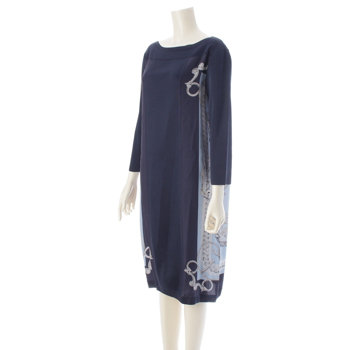 HERMES BRIDE DE COUR silk Twill Laine Long Sleeve one piece Navy 40