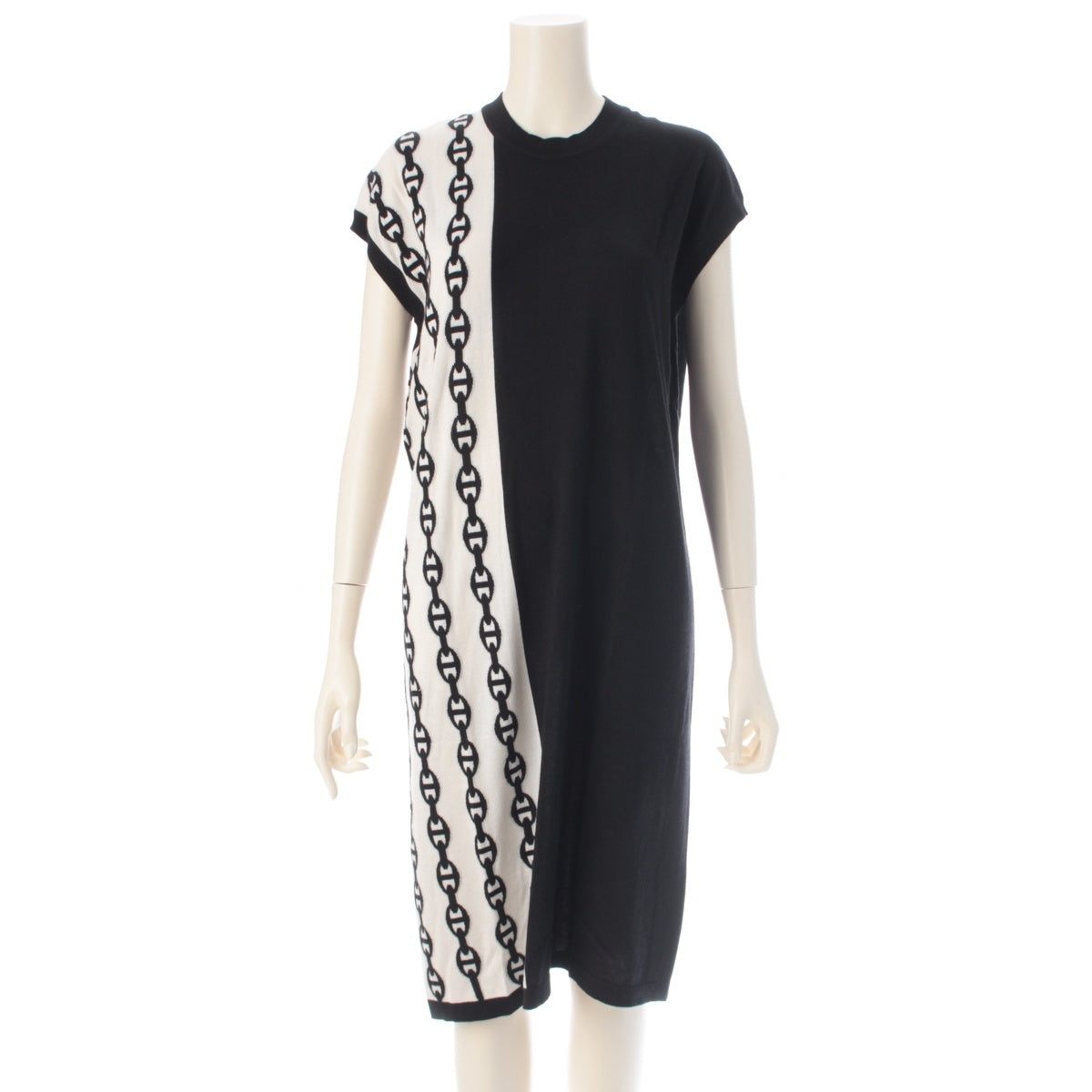 HERMES cashmere silk Chaine d'Ancre Bicolor Sleeveless one piece 06-7708 Black White 40