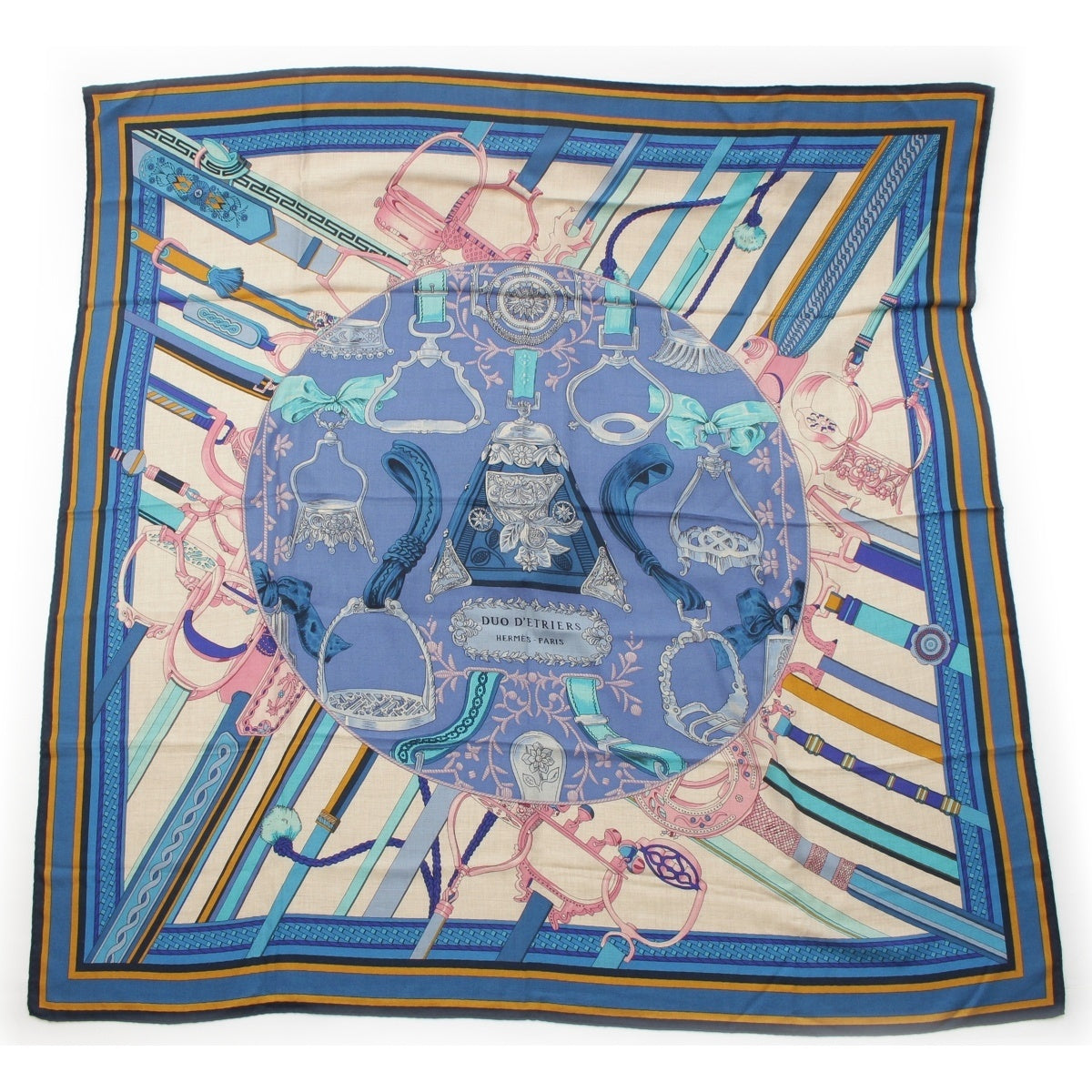 HERMES Caregean cashmere silk 140 Duo d'Etriers (The Armored Duo) Large Format scarf Blue multicolor