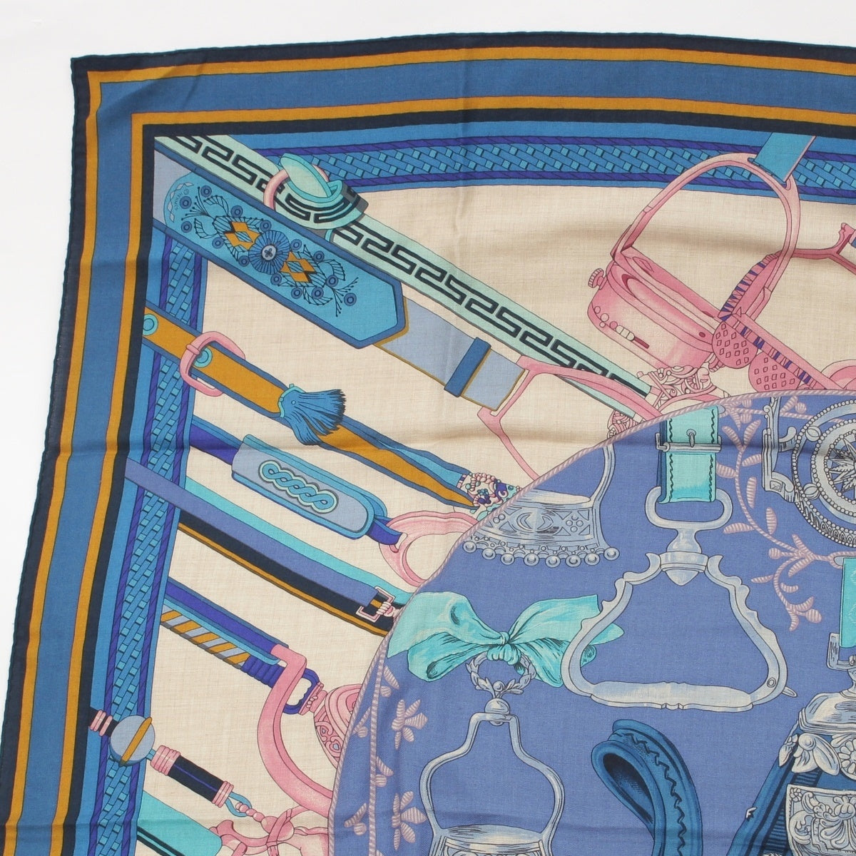 HERMES Caregean cashmere silk 140 Duo d'Etriers (The Armored Duo) Large Format scarf Blue multicolor